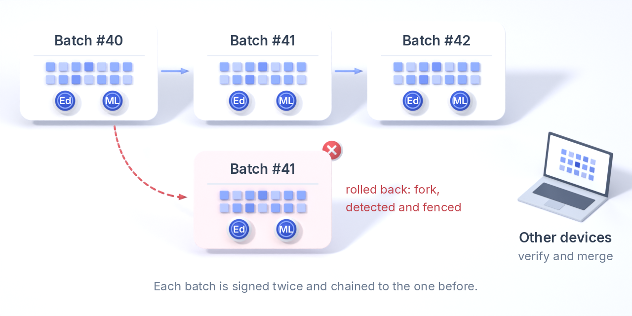Ledger batches 40, 41 and 42, each signed with Ed25519 and ML-DSA-65 and chained to the one before; a second batch 41 from a rolled-back device forks the chain and is detected and fenced by the other devices.