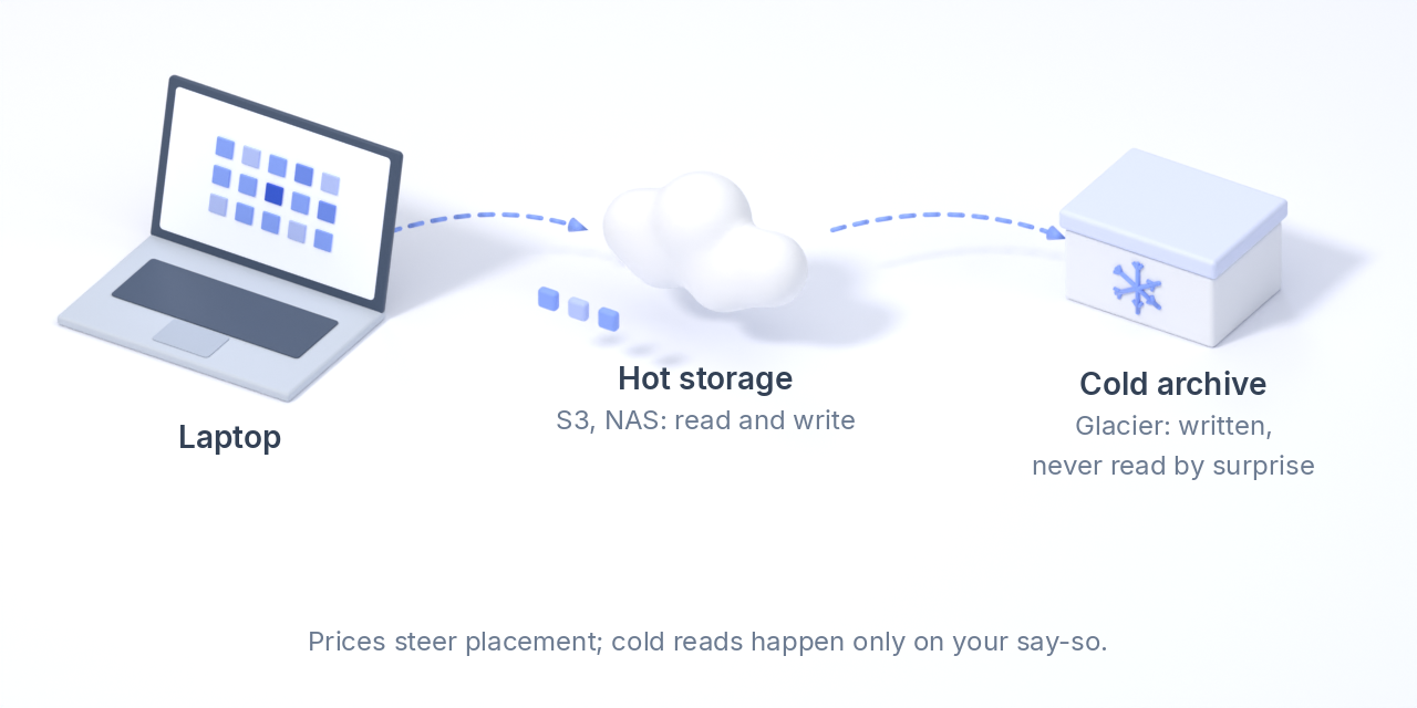 Laptop, hot storage and a cold archive with a note that cold storage is never read by surprise.