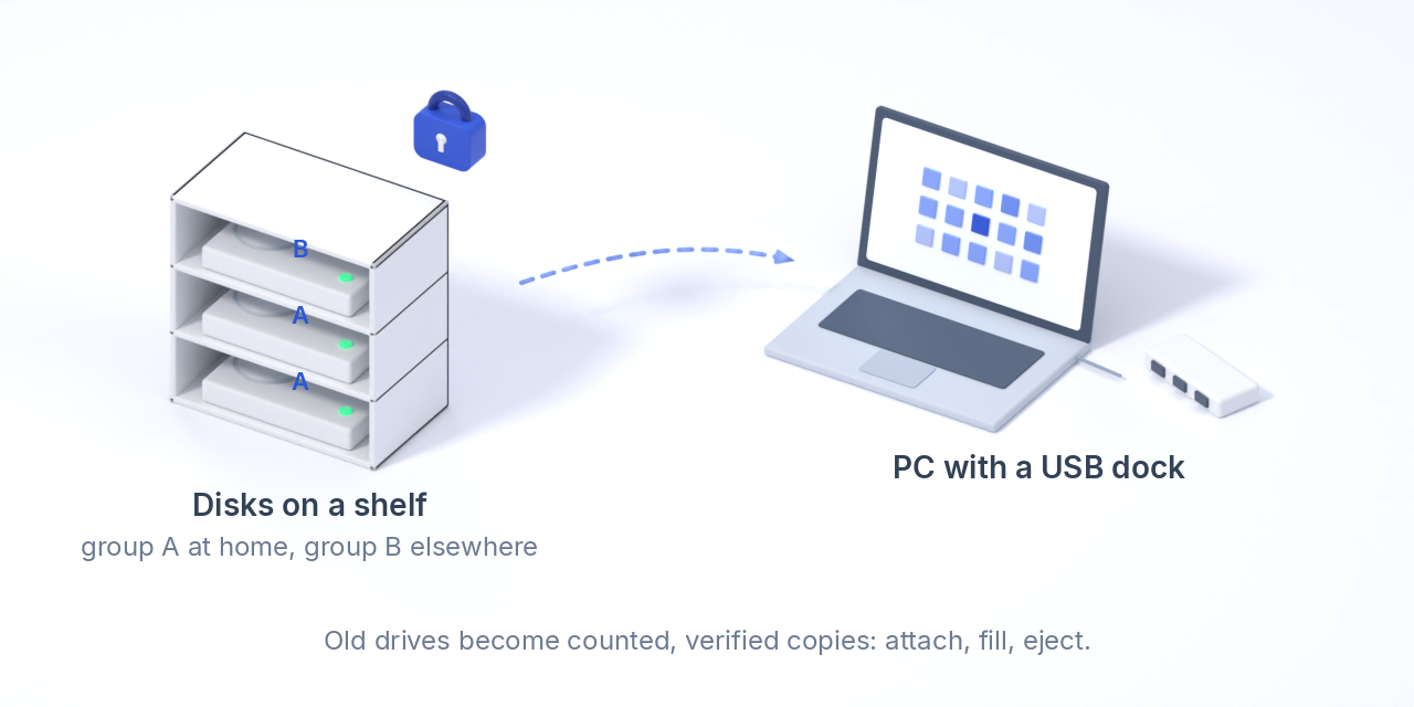 Hard drives on a shelf next to a PC with a USB dock.