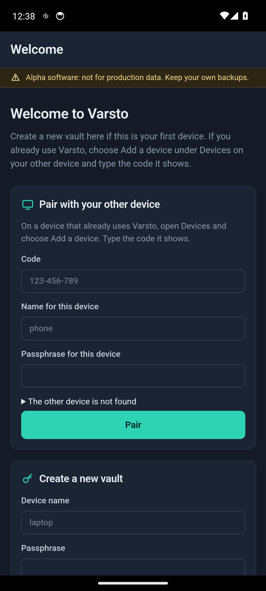 Android app, dark mode: the same first-run screen.