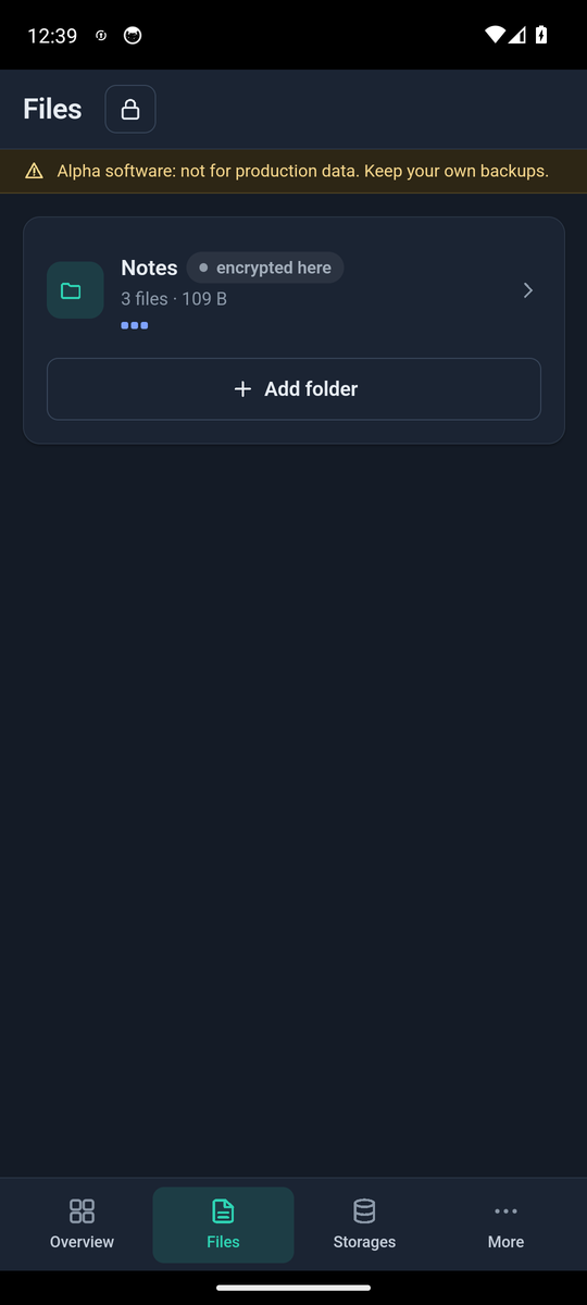 Android app, dark mode: the same Files view.