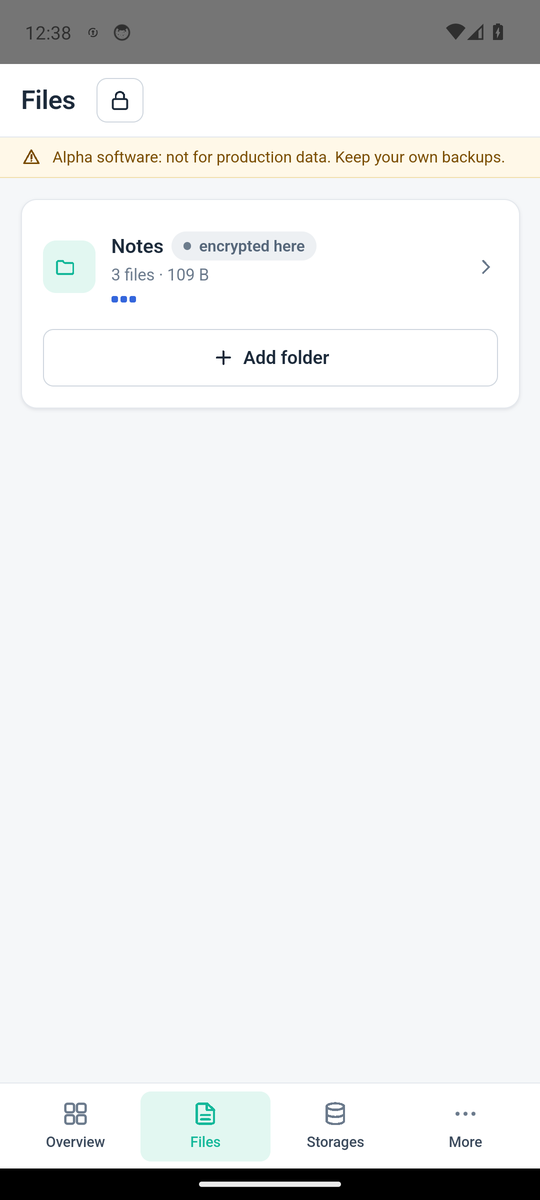 Android app, light mode: the Files view of the Notes folder with three files as cards, each with its state, size, last use, Open and Free up space buttons, and the bottom tab bar.
