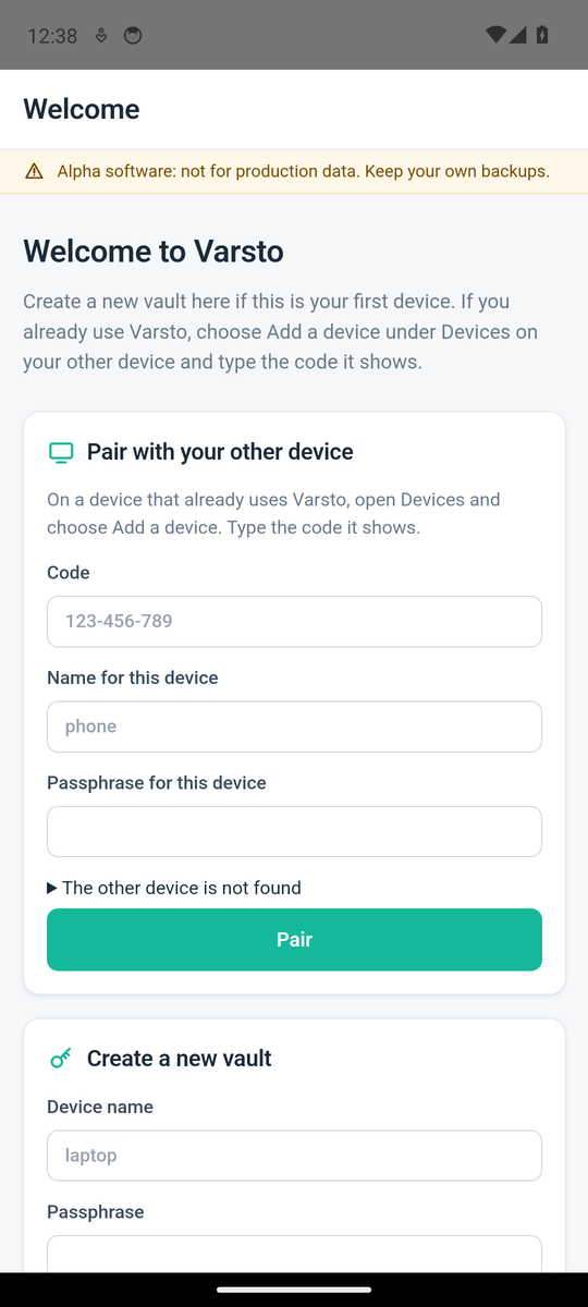 Android app, light mode: first-run screen with Create a new vault and Join an existing vault forms.