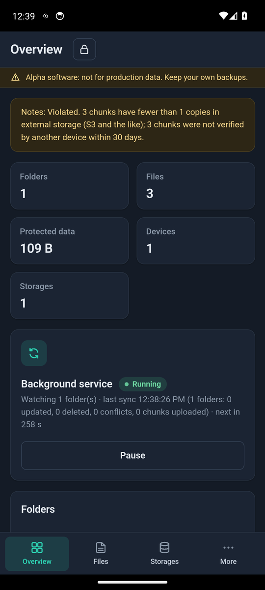 Android app, dark mode: the same overview.