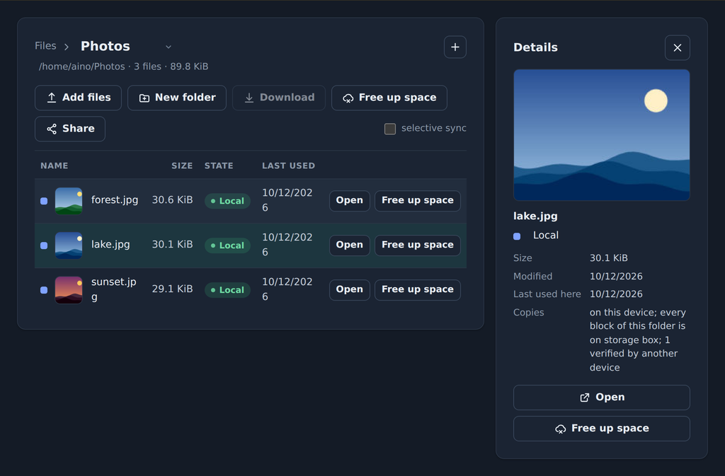 The same file list in dark mode.