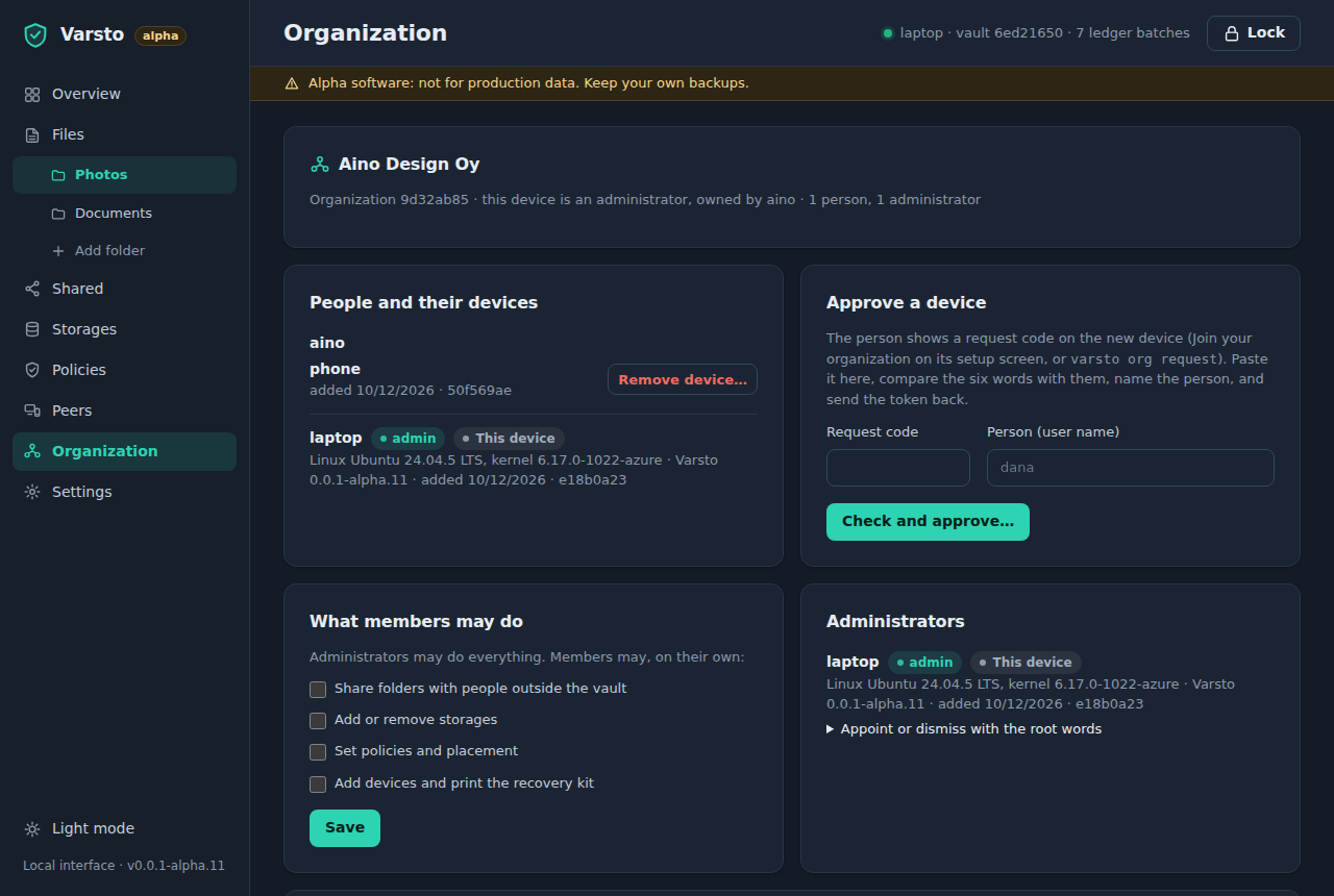 The same Organization page in dark mode.