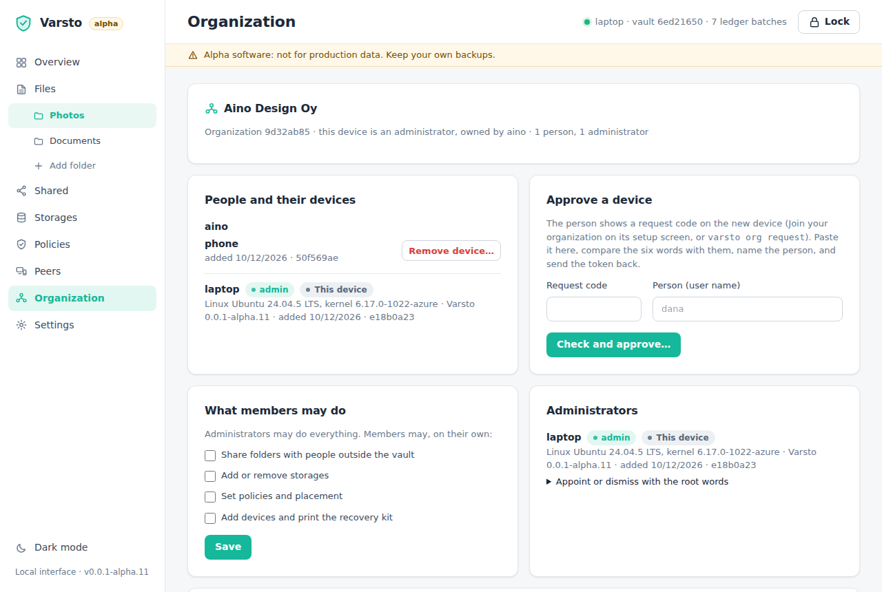 The Organization page: people and their devices, a form that approves a device, what members may do, administrators and the signed log.