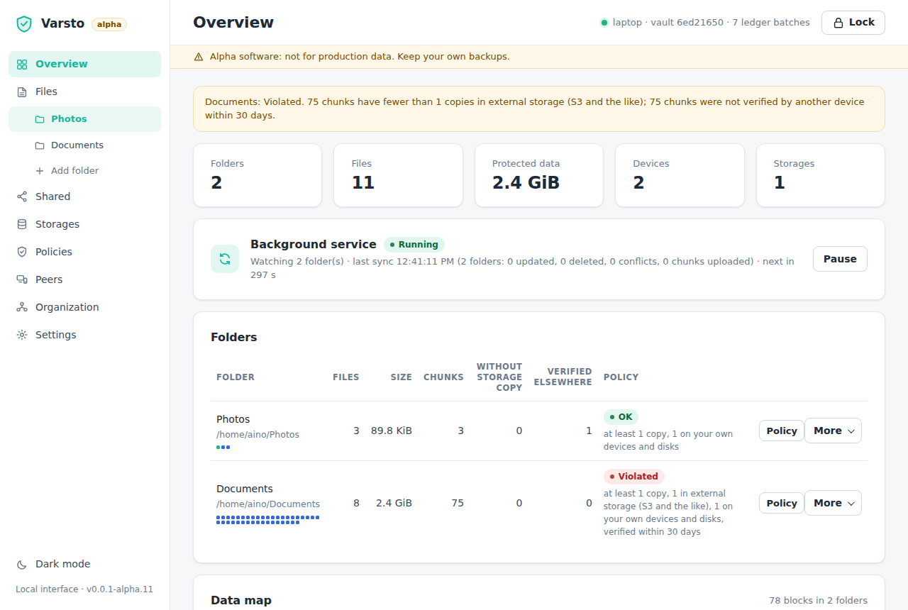 Desktop interface, light mode: a sidebar with Overview, Files and its folder tree, Shared, Storages, Policies, Peers and Settings; the overview with counters, the running background service, a suggestions card about idle files and a folder table with block maps.