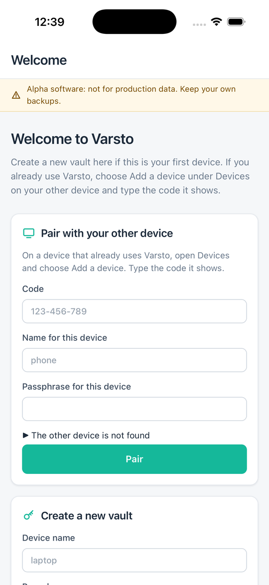 iOS Simulator: the Varsto app's first-run screen with the Create a new vault form, shown in a WKWebView.
