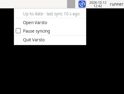 Xfce panel with the Varsto tray icon and its open menu: status line, Open Varsto, Pause syncing, Quit (an Install update item appears when a newer version is out).