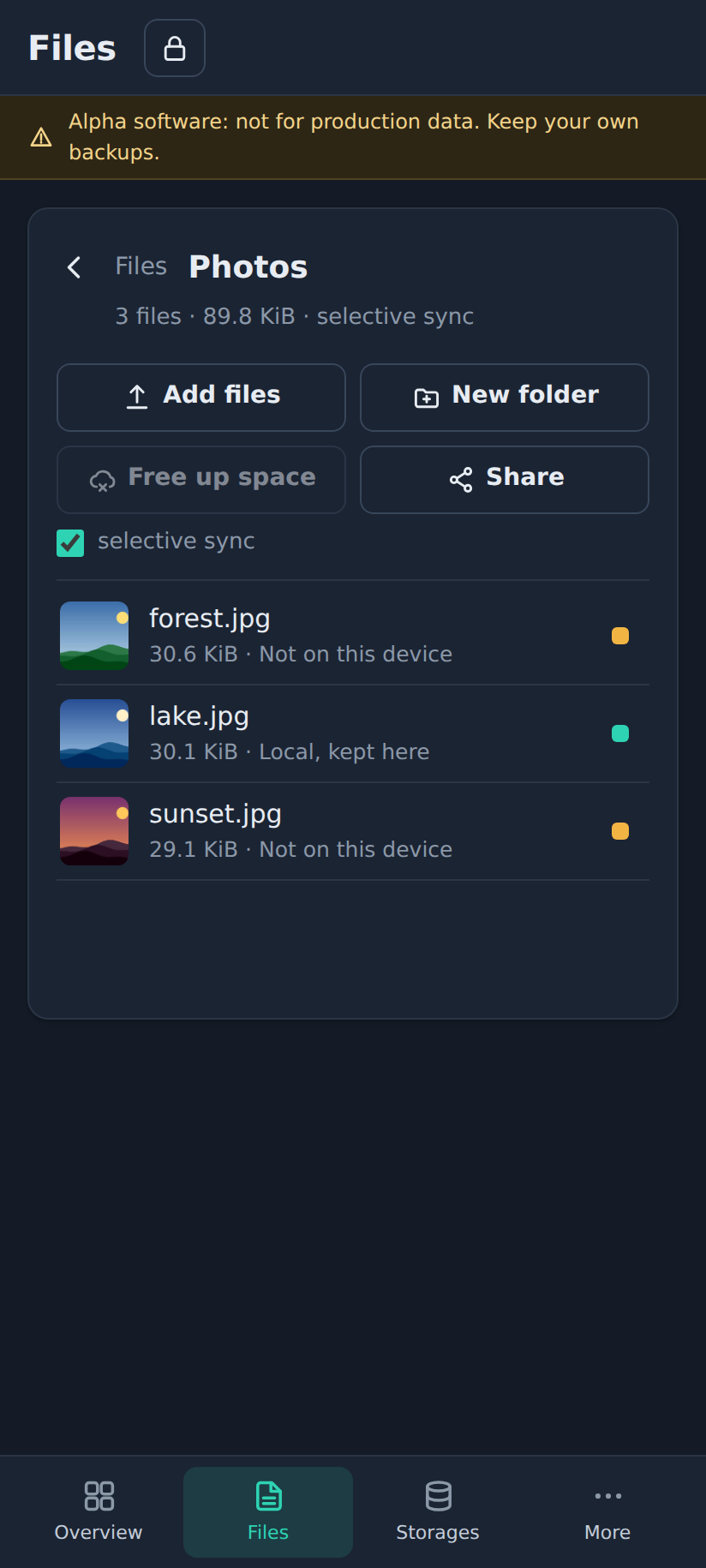 Phone interface, dark mode: the same Files view.