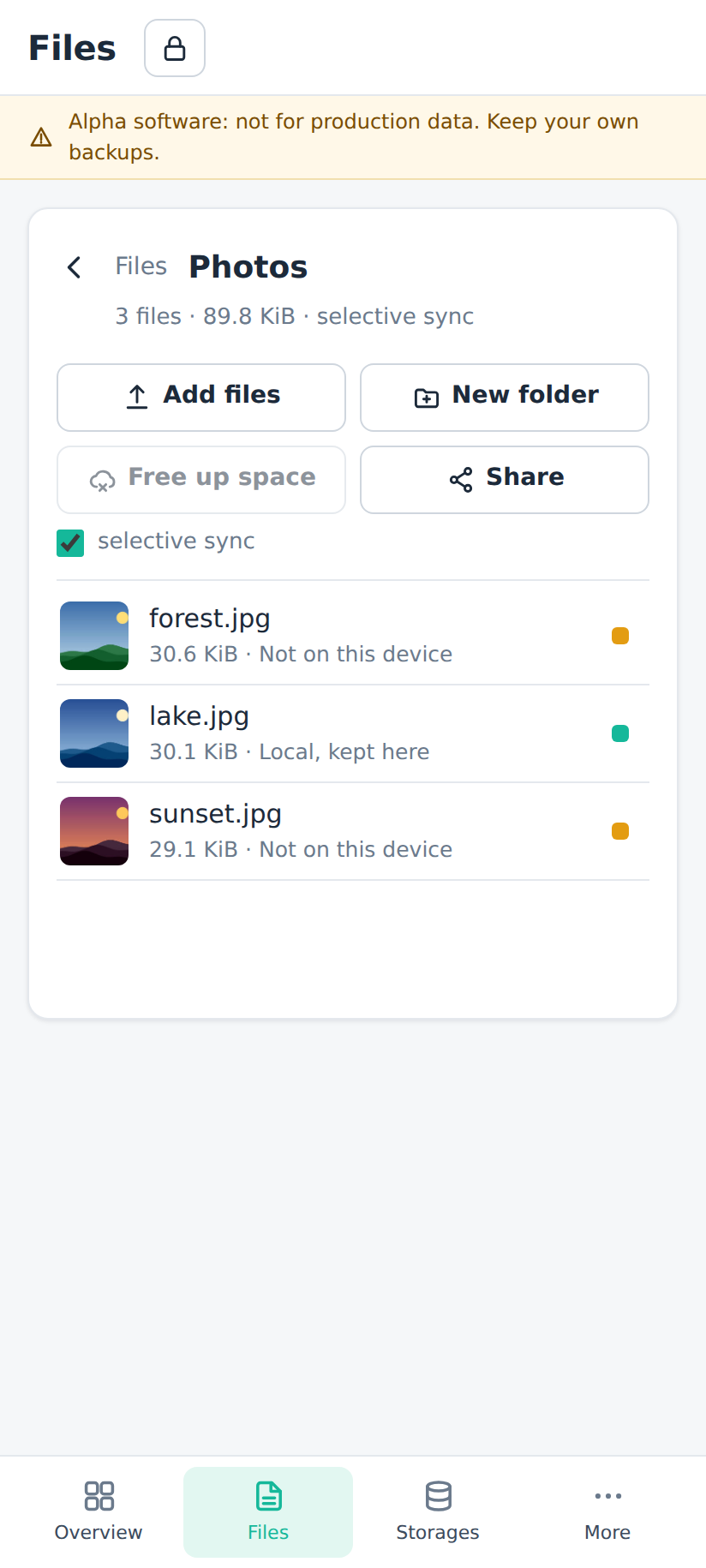 Phone interface, light mode: the Files view of the selective Photos folder with Add files, New folder, Free up space and Share buttons, three photos in a compact list with thumbnails and their state, and a bottom tab bar Overview, Files, Storages, More.