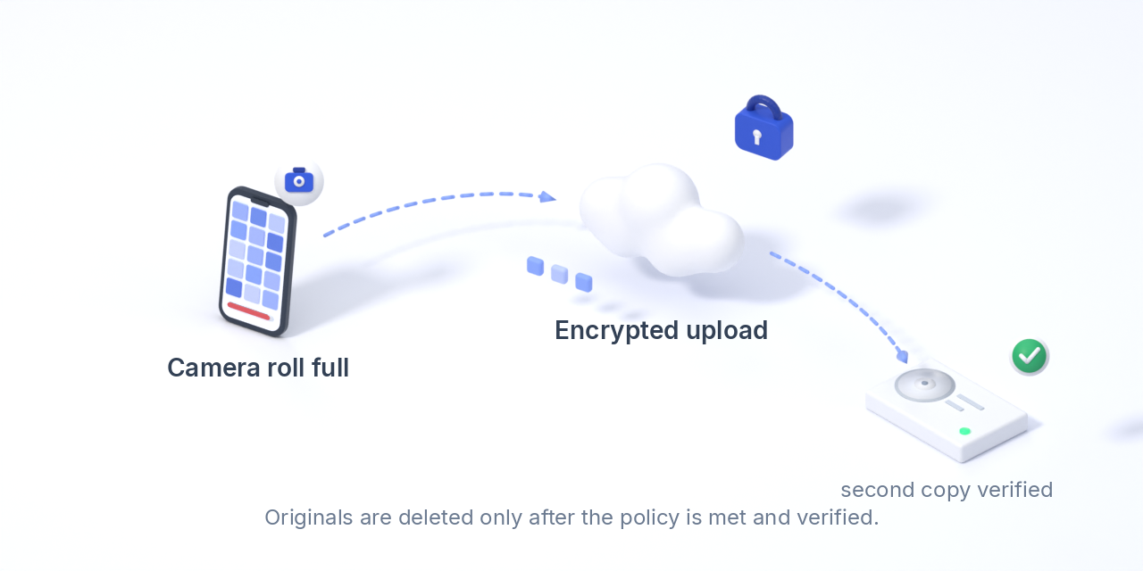 A phone's full camera roll is uploaded encrypted; space is freed once a second copy is verified.