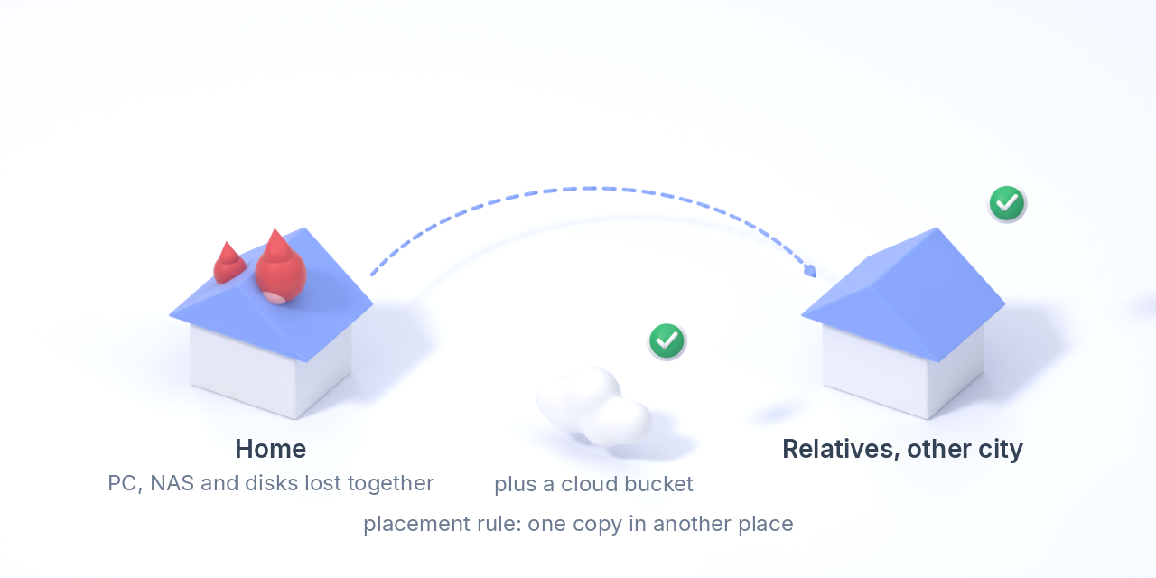 A house on fire; every file also has a copy at relatives in another city and in a cloud bucket.