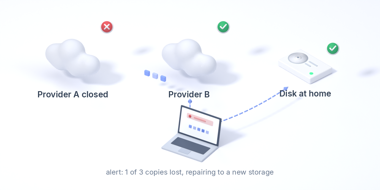 One provider is closed; copies on a second provider and a disk at home remain and the app repairs.